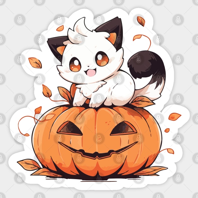 Black and white kitten sitting on a pumpkin Sticker by etherElric